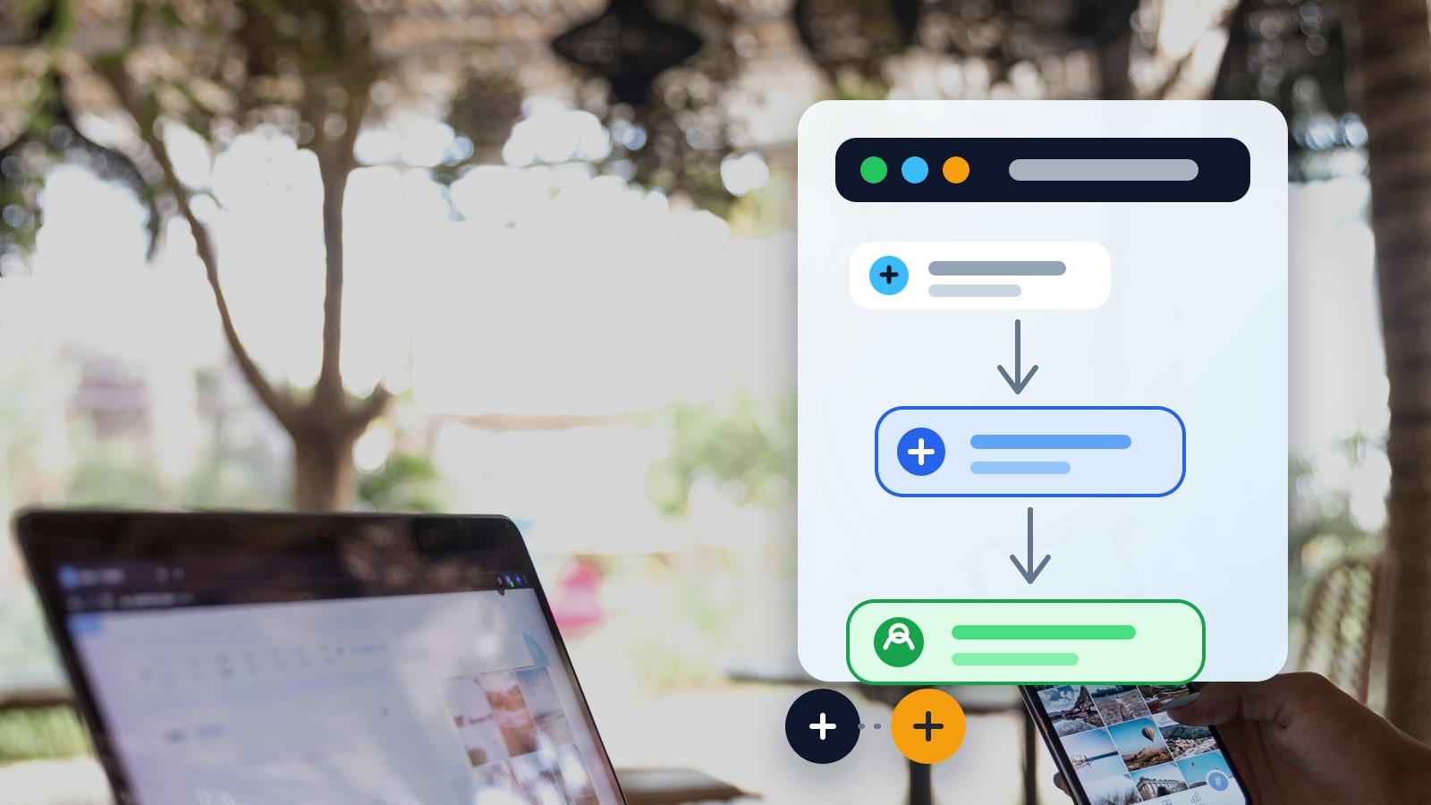 Laptop dan smartphone dengan petunjuk visual alur chatbot, konteks AI, dan handoff ke jalur manusia.