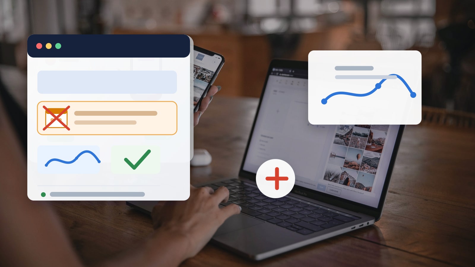 Seorang marketing lead meninjau status landing page campaign yang sudah selesai di laptop dan ponsel