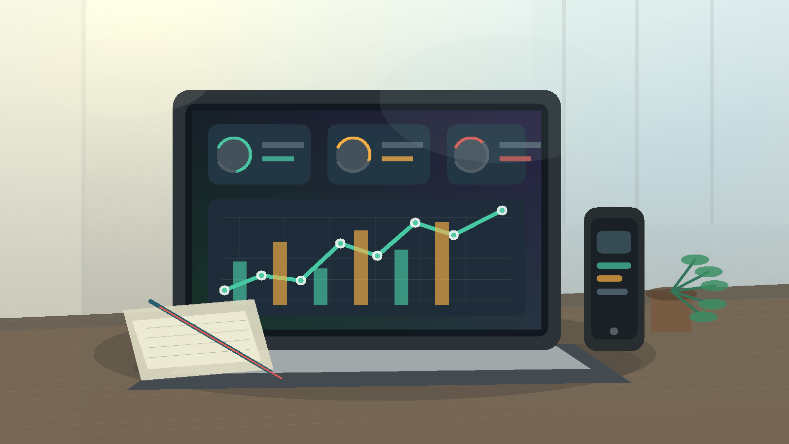 Dashboard performa website di meja operasional bisnis menampilkan indikator loading, respons interaksi, dan stabilitas visual