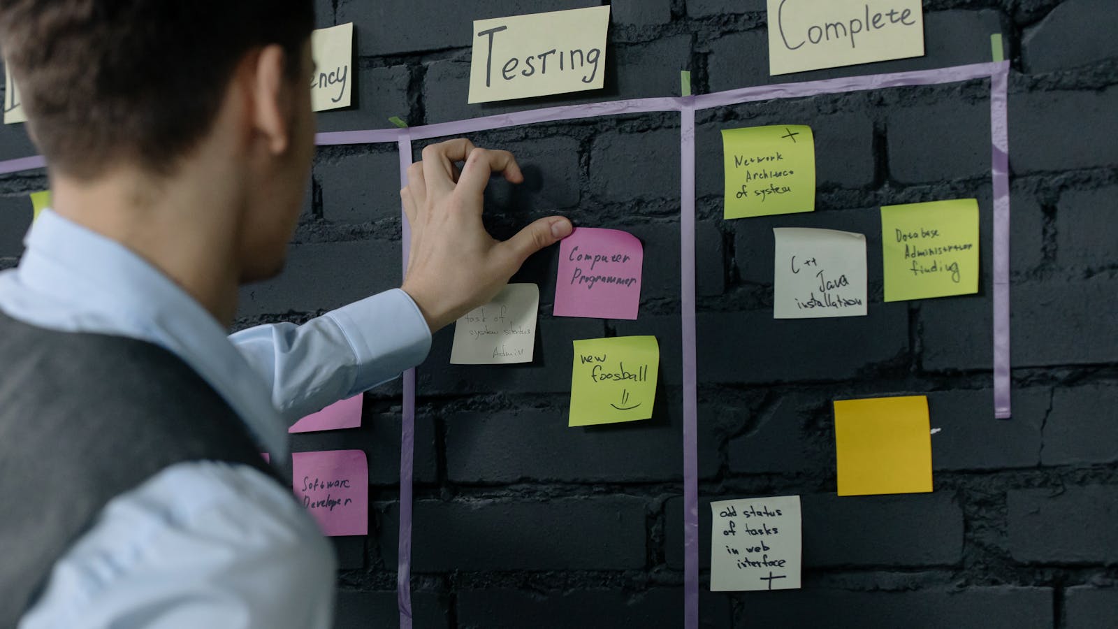 Tim operasional meninjau papan status proyek dengan sticky notes untuk memperjelas update pelanggan