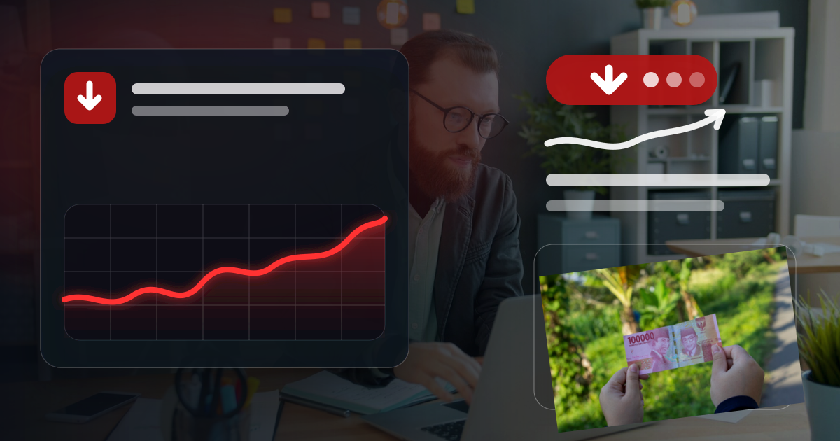 Pemilik bisnis melihat grafik kurs merah dan uang rupiah saat rupiah melemah terhadap dolar