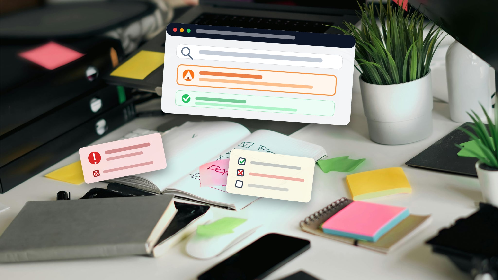 Laptop dengan checklist launch website dan indikator risiko indexing staging